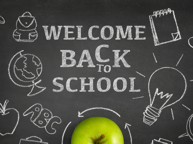 Blackboard  with drawings and  words 'Welcome Back to School'