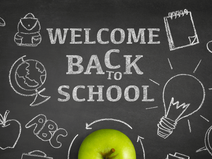 Blackboard  with drawings and  words 'Welcome Back to School'