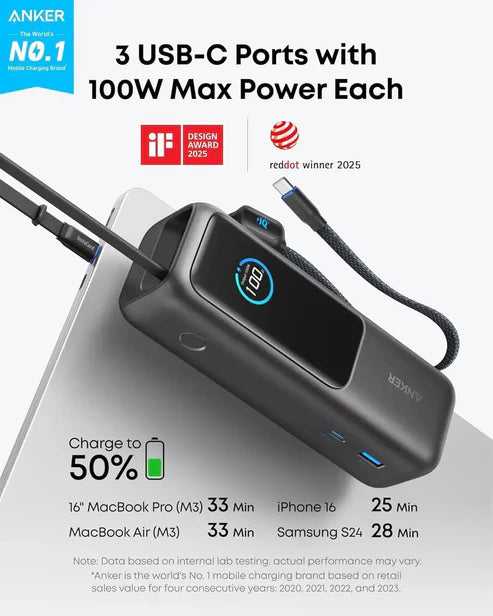 Anker Power Bank 25000mAh 165W Ultra-Fast Portable Charger with Built-In and Retractable USB C Cables A1695