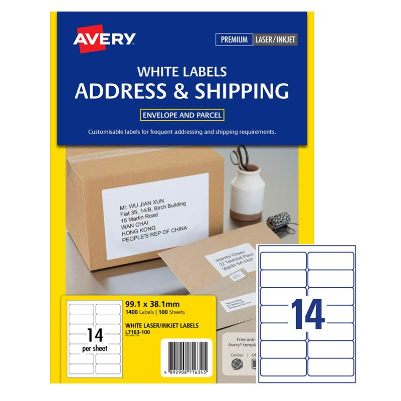 Avery Laser White Labels (99.1 x 38.1mm) L7163-100