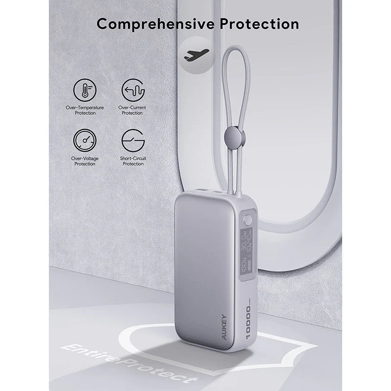 Aukey PB-Y47 Spark Sling 10000mAh Compact Fast Charging PB with Built-in USB-C Cable - White