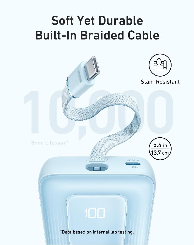 Anker A1688H11-BK 10000mAh PD30W Built-In USB-C Cable Powerbank - White