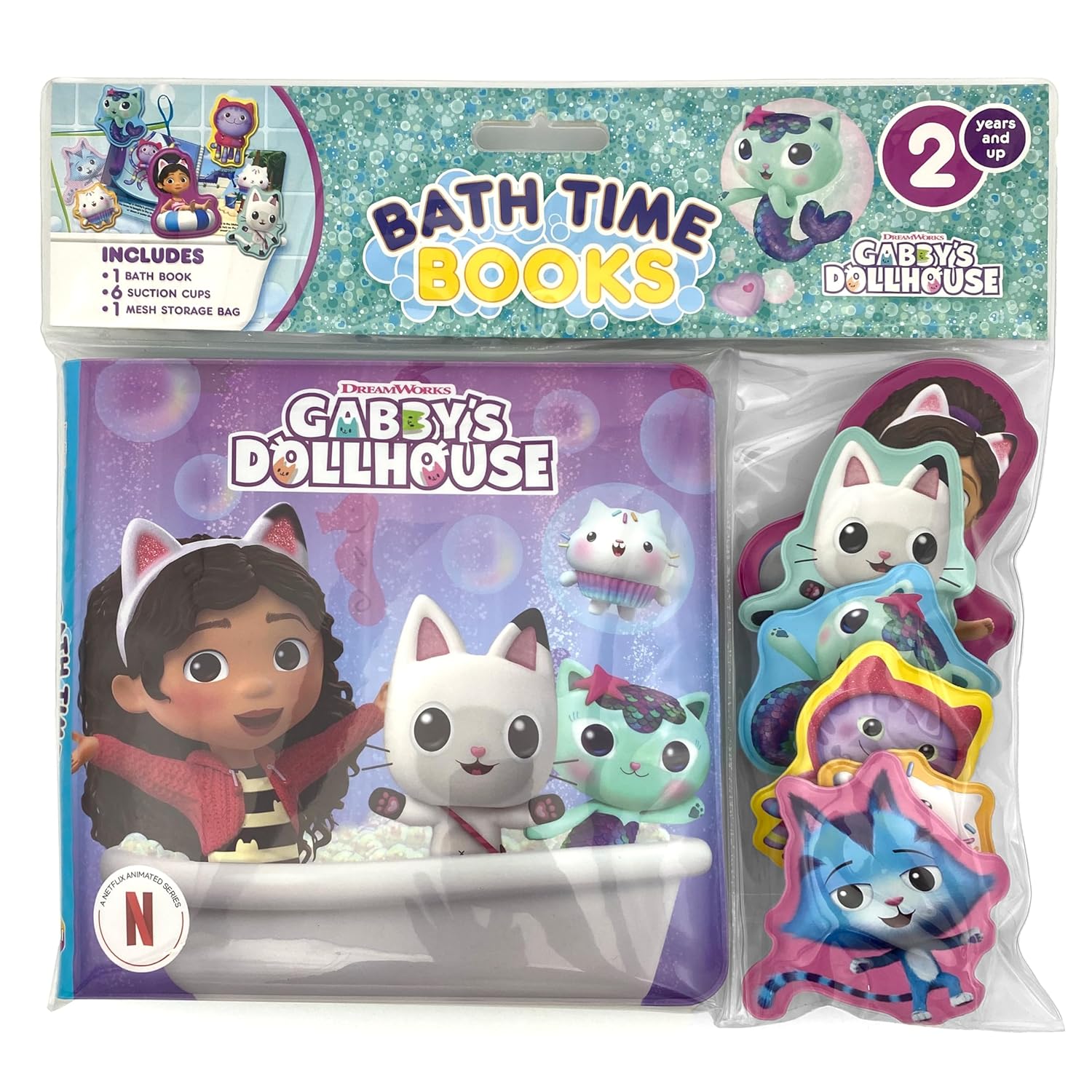 Gabby's Dollhouse Bath Time Books - Activity Books For Kids, Bath Book, 6 Padded Suction Cups, 1 Mesh Bag (Bath Book – Picture Book)