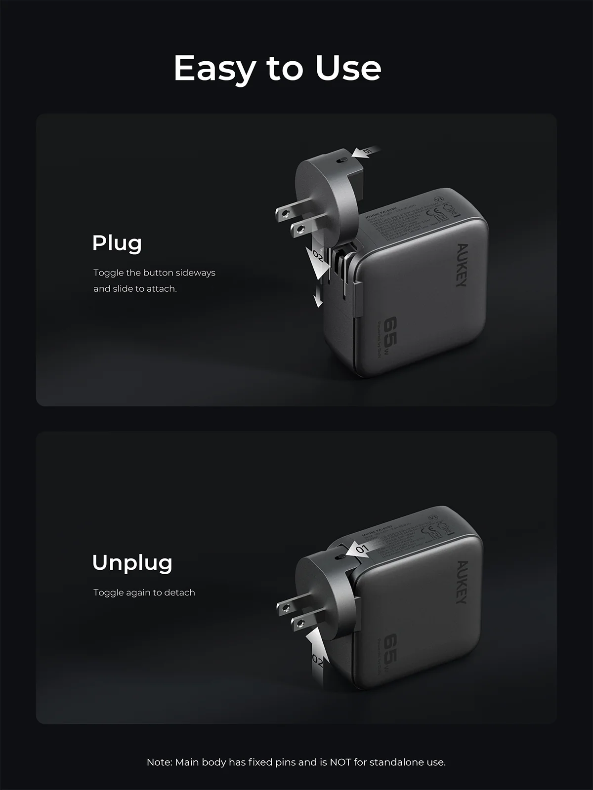 Aukey PA-B8 Nova PinS 65W GaN Wall Charger - Grey