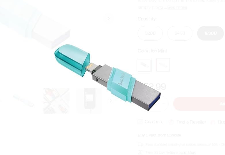Sandisk SDIX90N-064G-GN6NK USB 3.0 iXpand Flash Drive Flip, 64GB - Mint Green