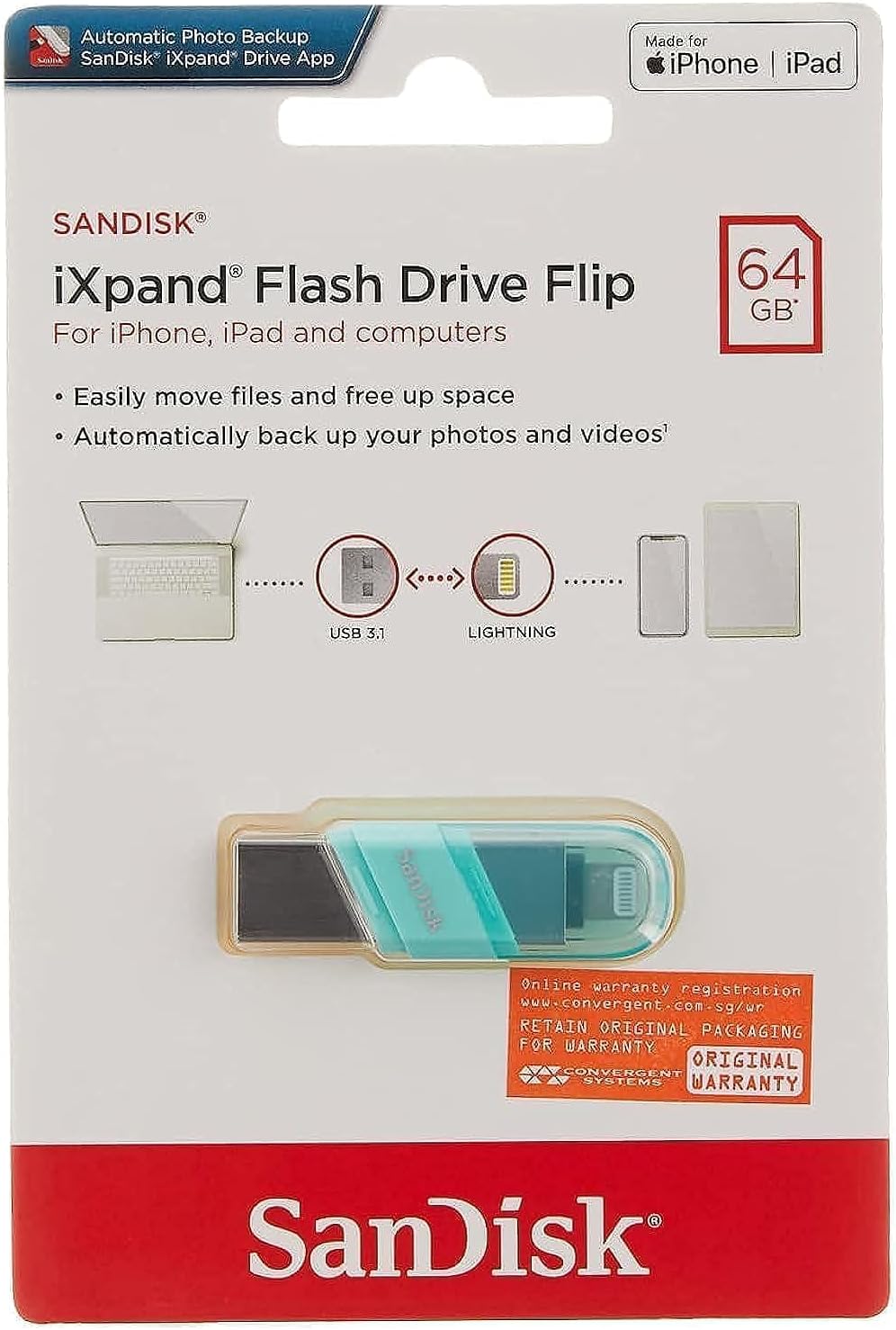 Sandisk SDIX90N-064G-GN6NK USB 3.0 iXpand Flash Drive Flip, 64GB - Mint Green