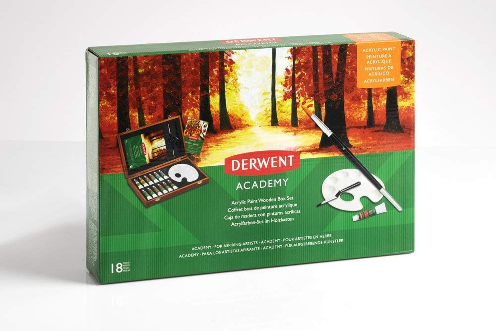 Derwent  Academy Acrylic Wooden Box Starter Set, 18 Pieces