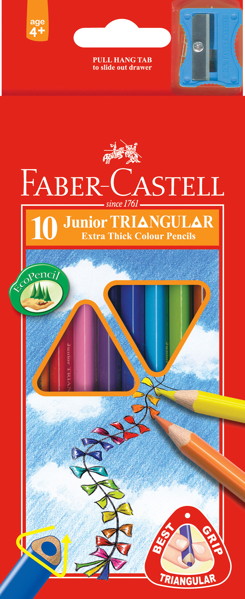 Faber-Castell Junior Triangular Colour Pencils with Sharpener, 10 Colours Long-116538-10
