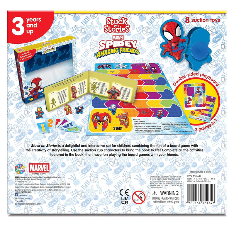 Marvel Spidey and his Amazing Friends Stuck on Stories (16-Page Storybook, 8 Toy Suction Cups, 2 Board Games) Board Book – Picture Book