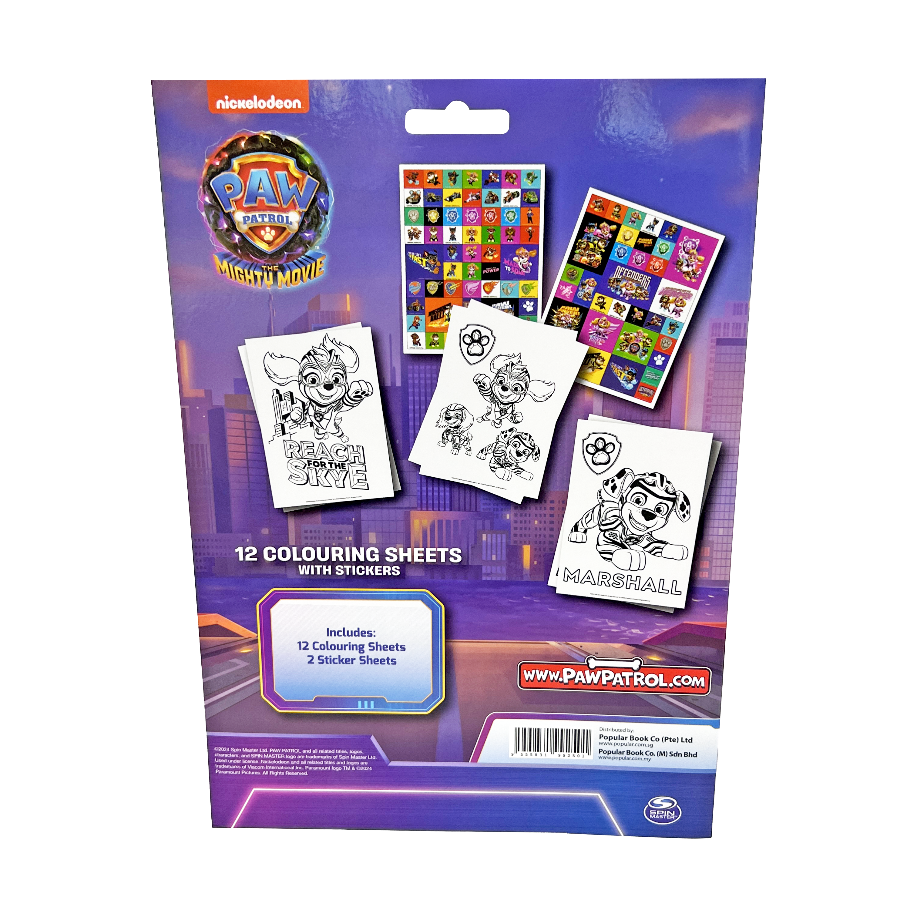 PAW PATROL 12 COLOURING SHEETS WITH STICKERS THE MIGHTY MOVIE SEIRES