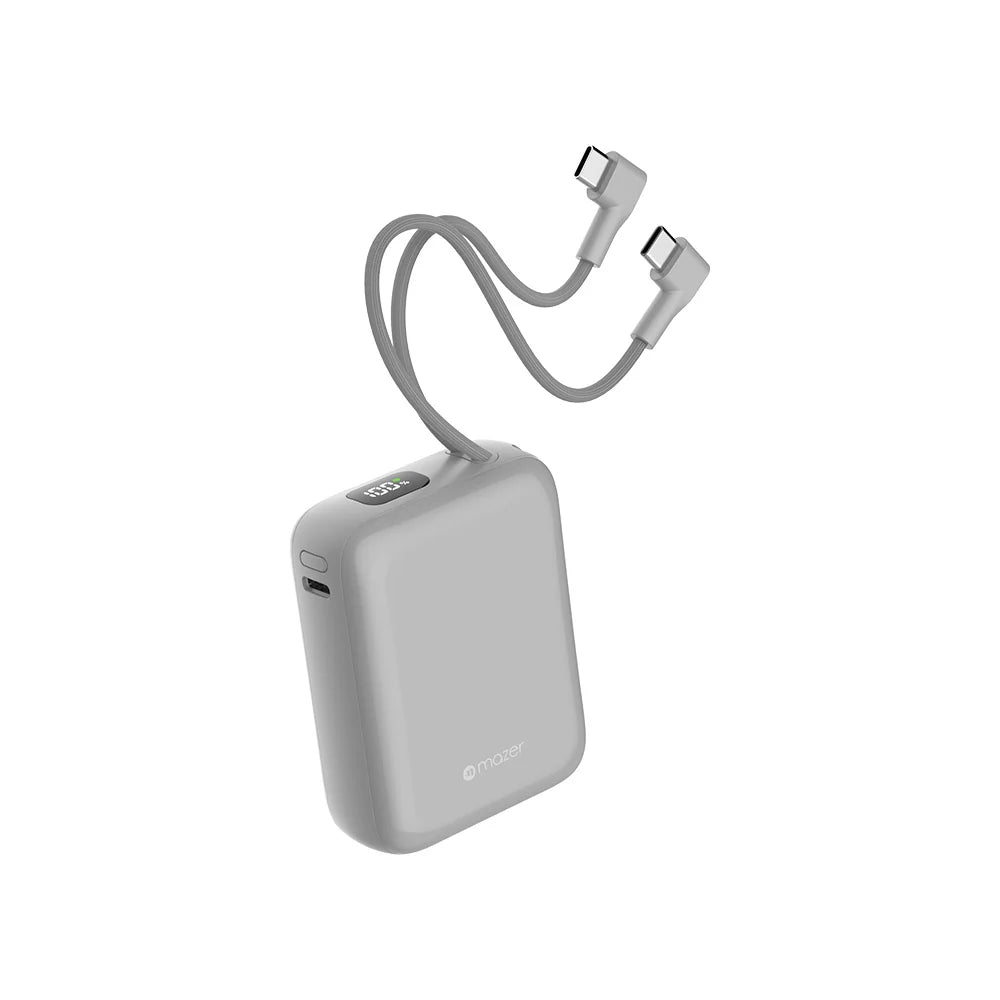 Mazer PowerCharge Nano Duo 10,000mAh PD35W Power Bank with Built-in Dual USB-C Cables (CCC + QR) - Grey