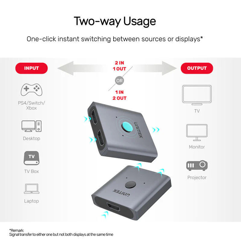 Unitek V1127A 4K HDMI 2.0 Switch 2-To-1 Bi-Directional