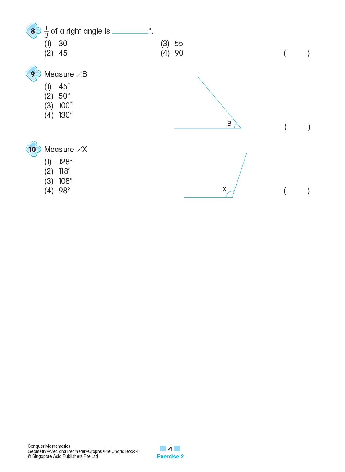 Conquer Mathematics Geometry . Area and Perimeter . Graphs . Pie Chart Workbook 4