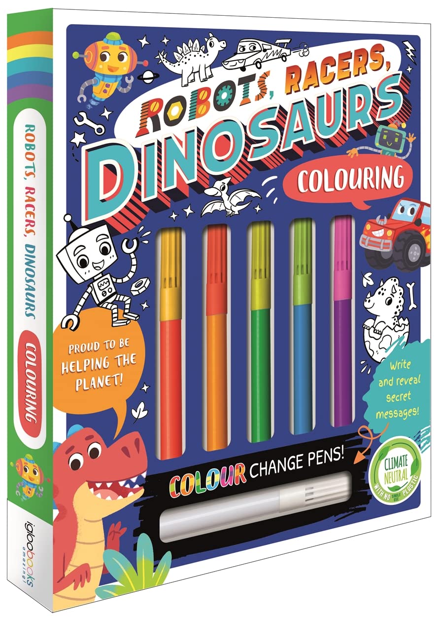 Robots, Racers, Dinosaurs Colouring (Book and Pen Set) Paperback