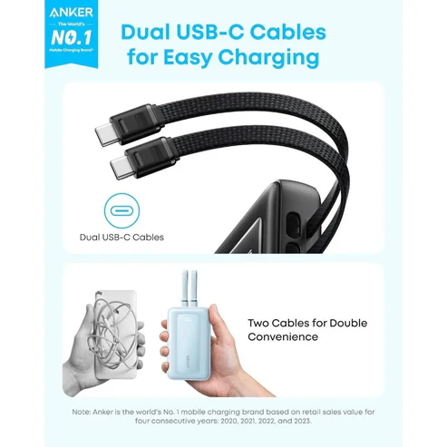 Anker Zolo Power Bank 20000mAh 45W Fast Charging Built-in Dual USB C Cable A110M White