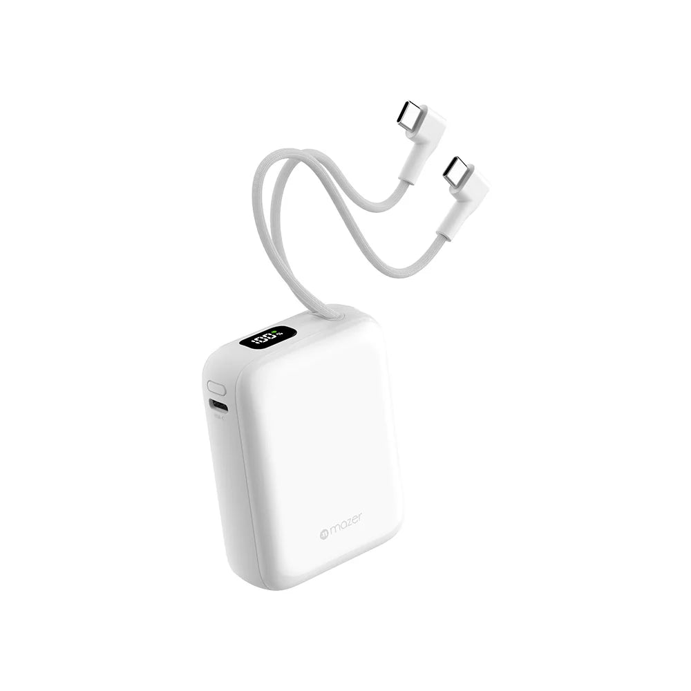 Mazer PowerCharge Nano Duo 10,000mAh PD35W Power Bank with Built-in Dual USB-C Cables (CCC + QR) - White