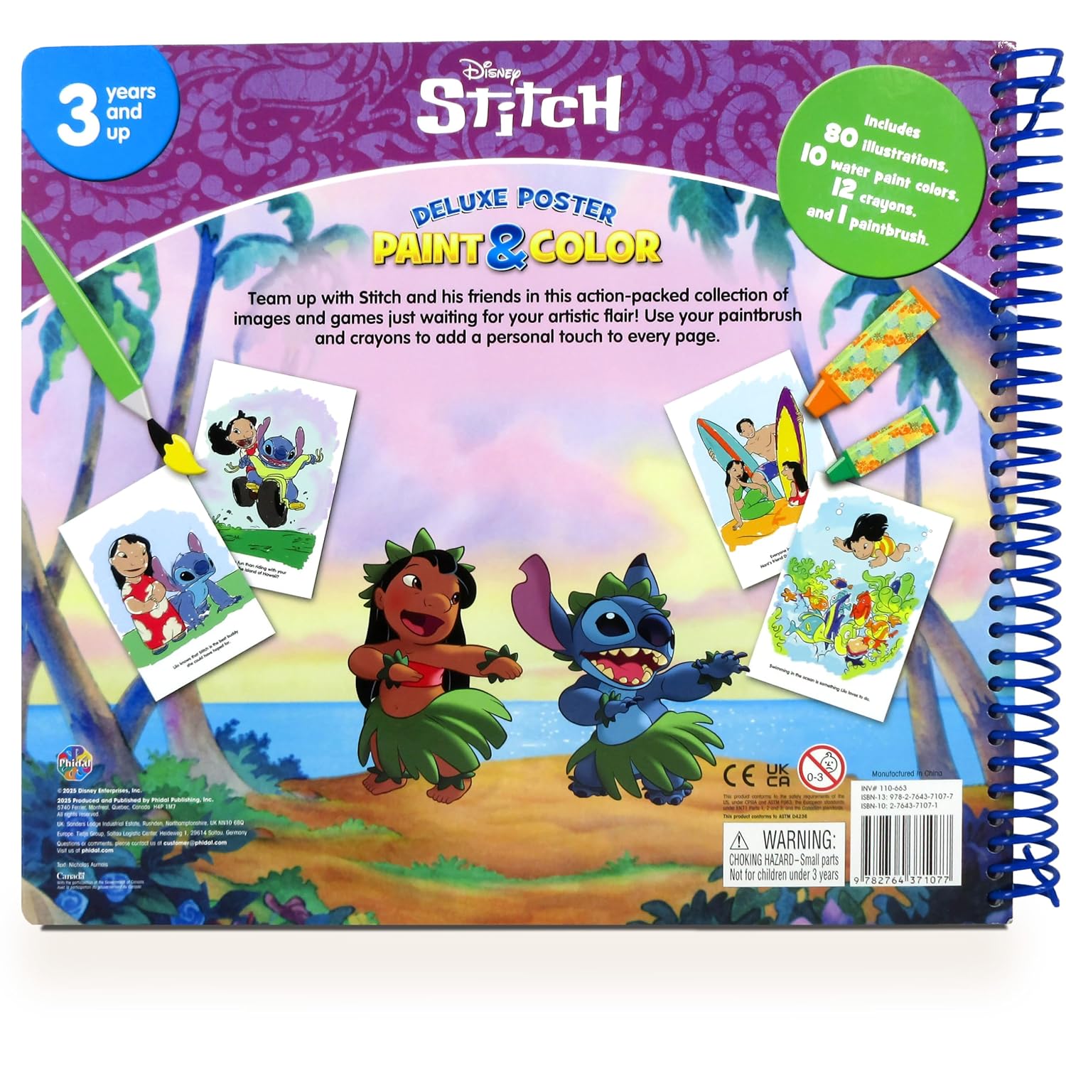 Disney Stitch Deluxe Poster Paint & Color - Coloring Book For Kids, 80 Illustrations, 10 Watercolor Paints, 12 Crayons, 1 Paint Brush (Spiral-Bound – Coloring Book)