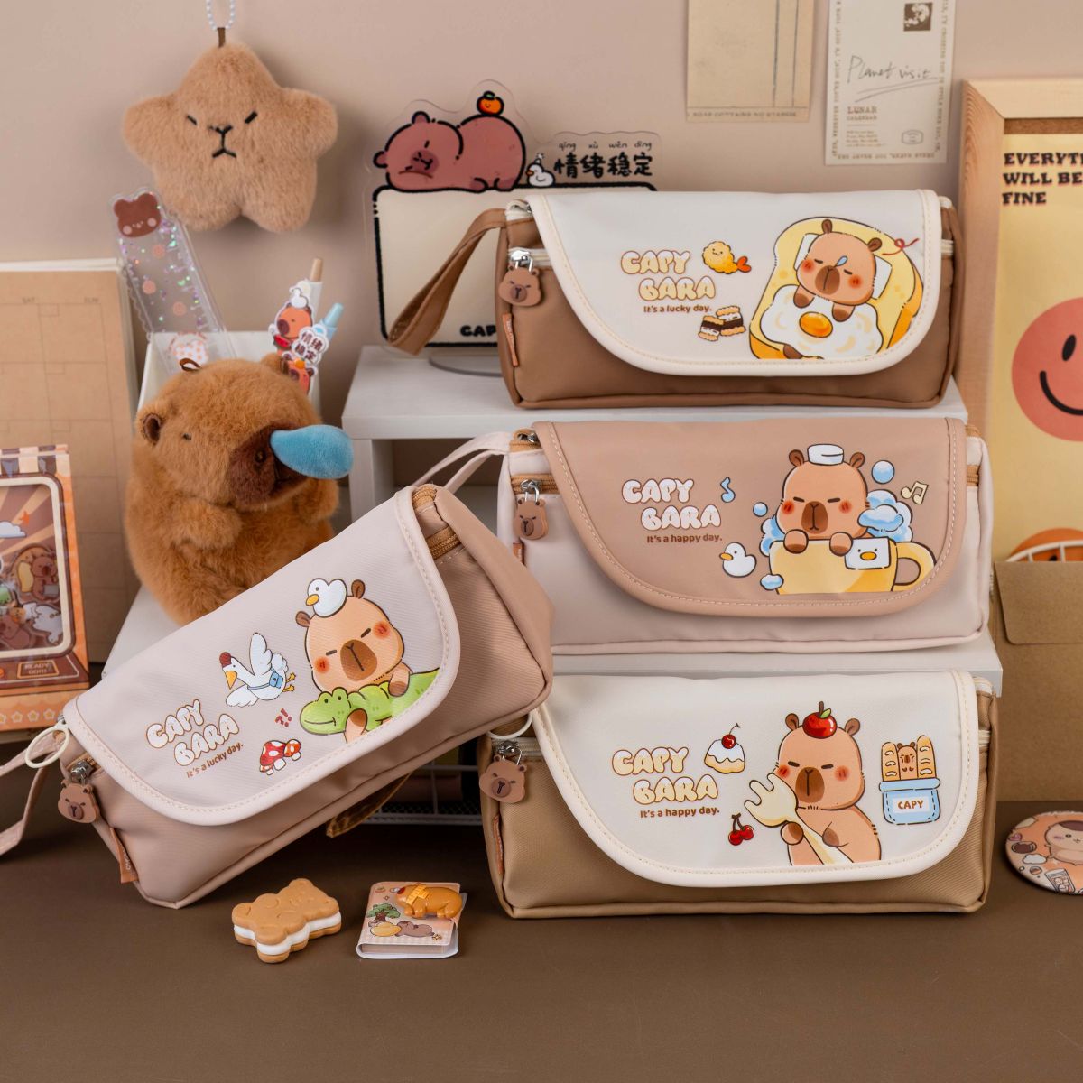Assorted Pencil Bag W 2 Zip Capybara