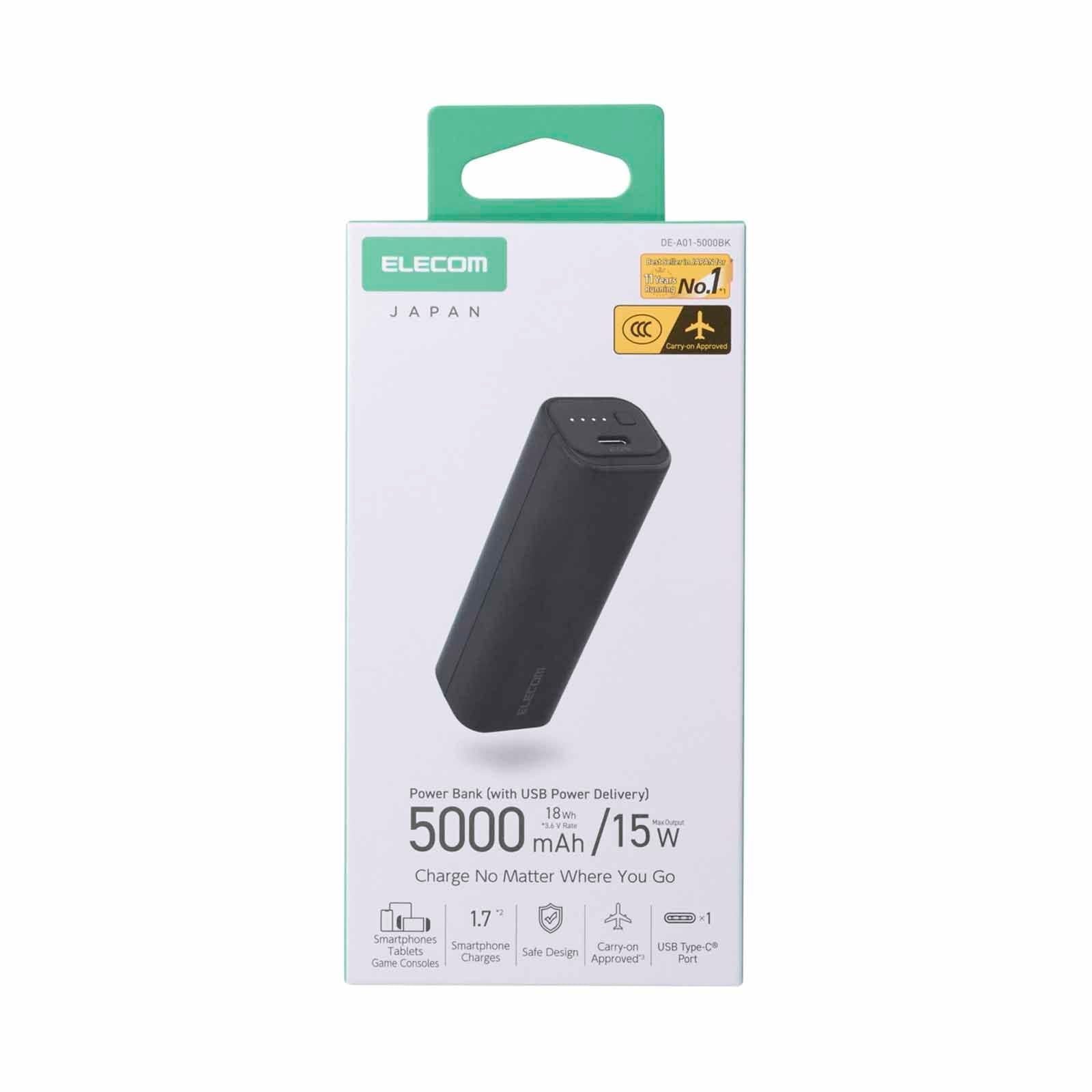 ELECOM DE-A01-5000BK CCC Compact Power Bank - Black