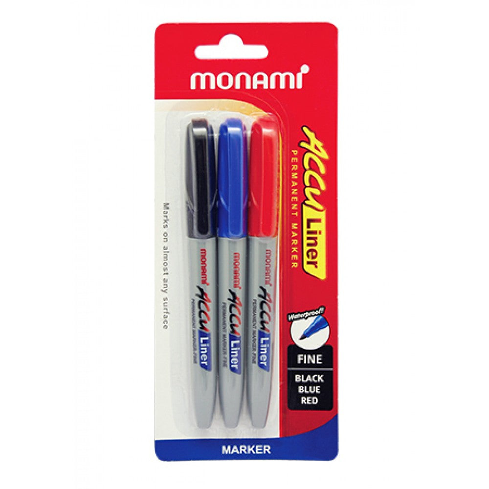 Monami Acculiner Permanent Marker Fine 1.5mm 3s (Black,Blue.Red)