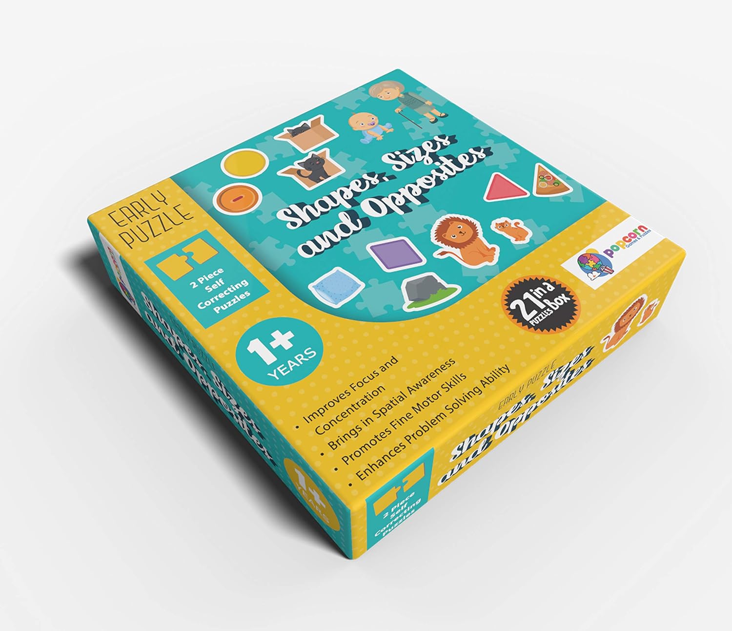 POPCORN GAMES AND PUZZLES SHAPES, SIZES AND OPPOSITES 21 PUZZLES IN A BOX