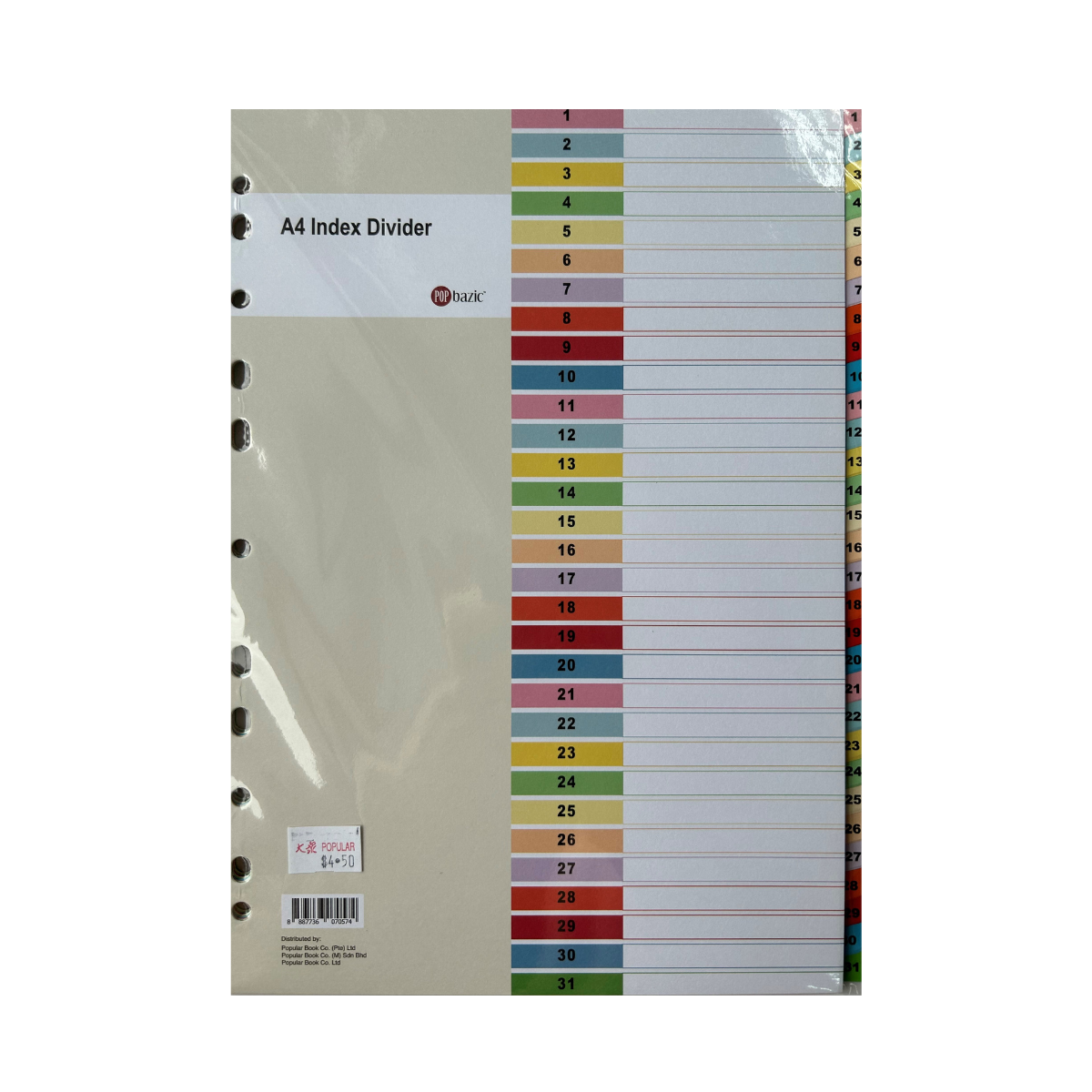 POP BAZIC Colour Index Divider A4 1-31 (31 Sheets)