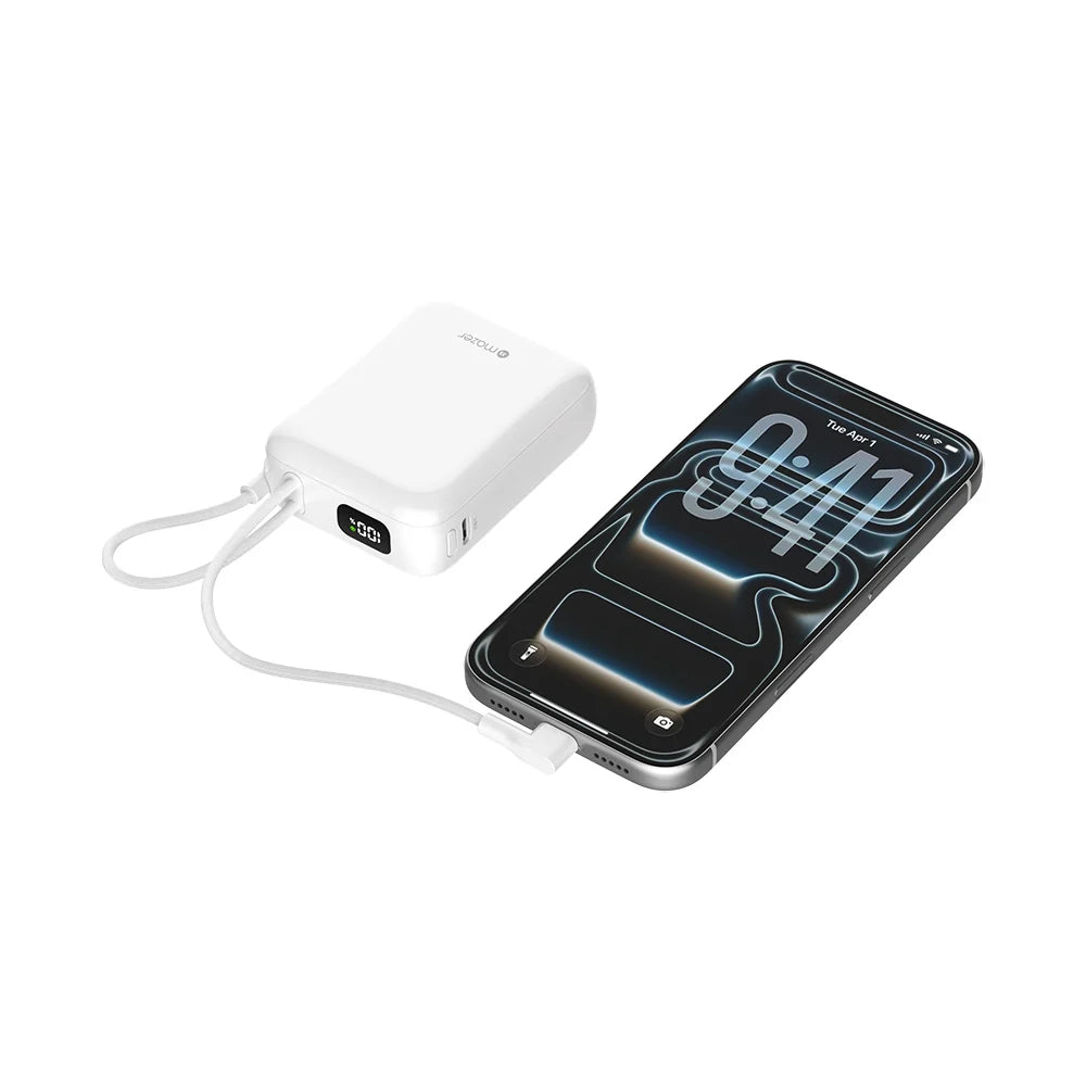 Mazer PowerCharge Nano Duo 10,000mAh PD35W Power Bank with Built-in Dual USB-C Cables (CCC + QR) - White