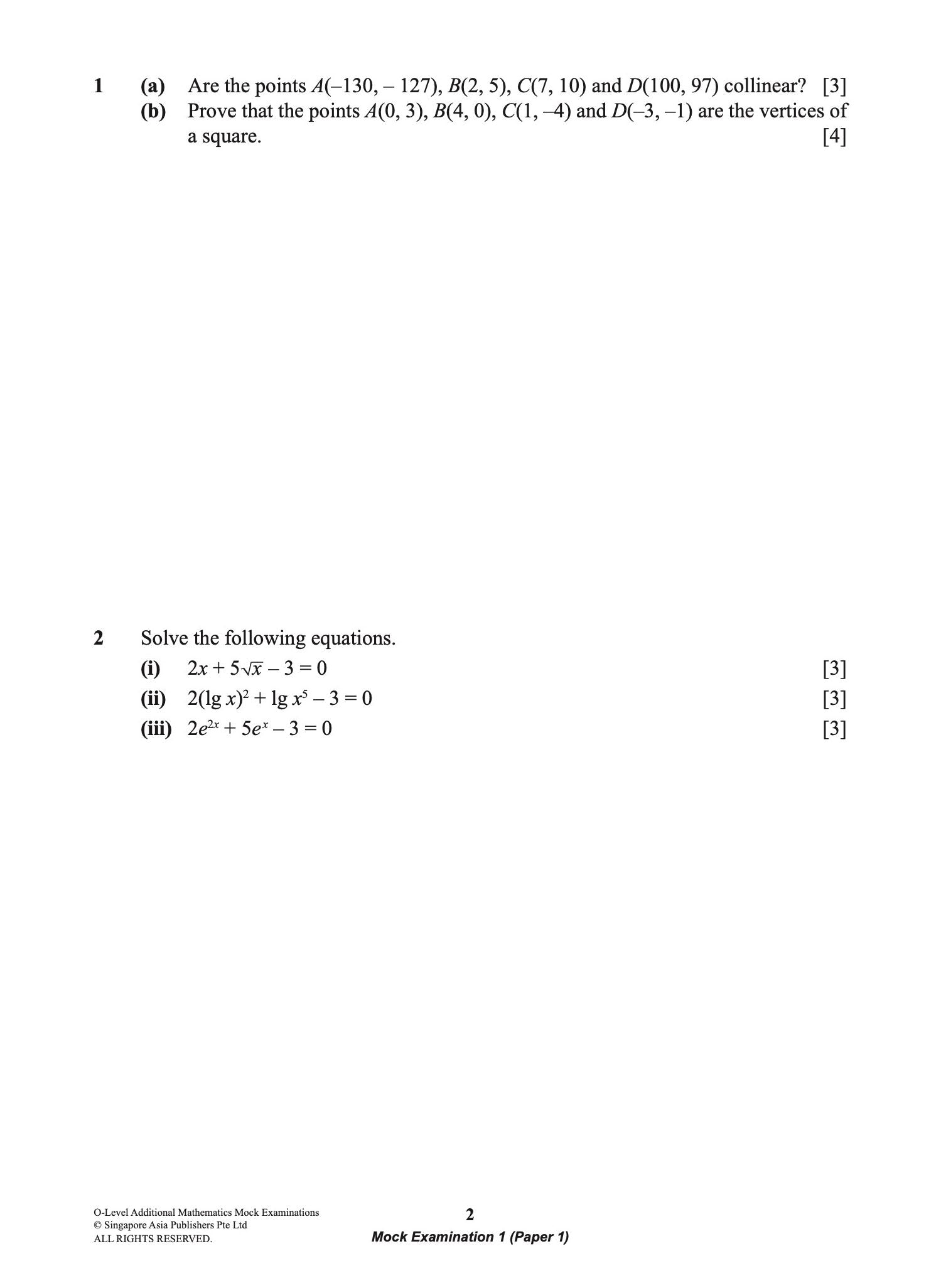 O-level Additional Mathematics Mock Examinations