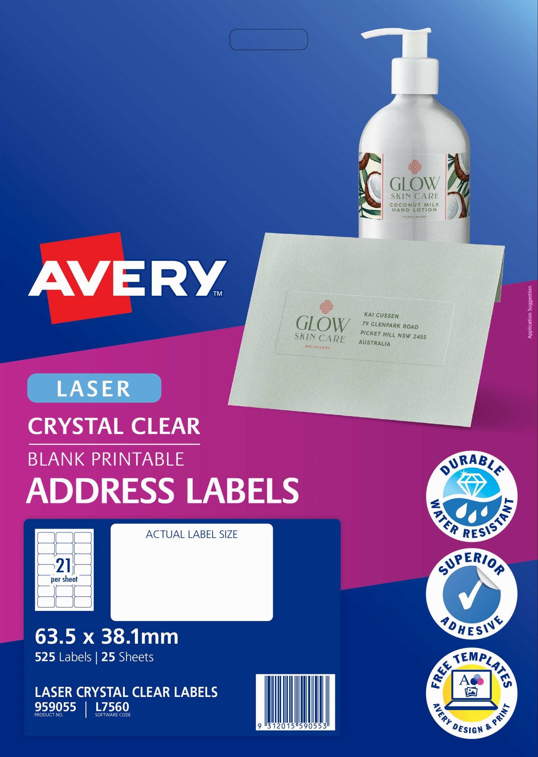 AVERY CLEAR LASER LABEL L7560-25 21/SHT