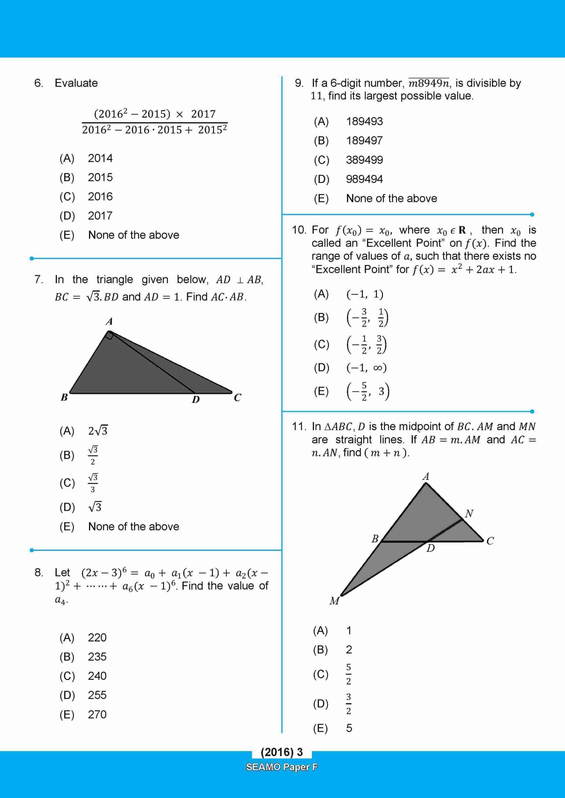 SEAMO Math Olympiad International Competition Preparation Paper F (SEAMO 2016-2025 + SEAMO X 2019-2026) Pre-University 1 & 2