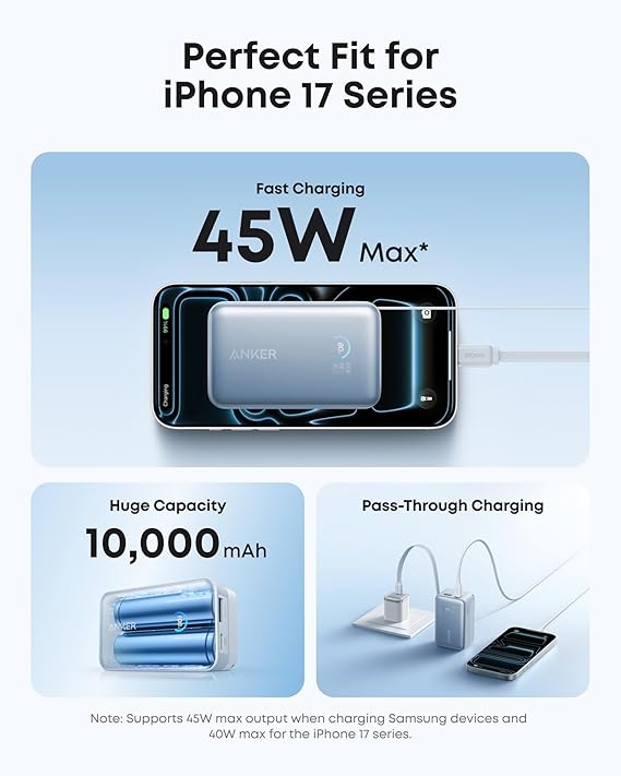 Anker Nano Power Bank, 10,000mAh Portable Charger with 2.3 ft InstaCord Retractable Cable, 45W Max Compact Battery Pack, Smart Display, for iPhone 16/17 Series, iPad, Galaxy, Pixel, and More (Blue)