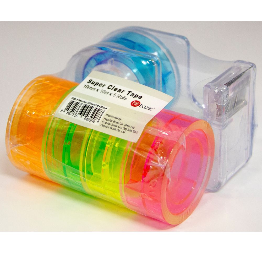 POP BAZIC Super Clear Tape 19MM X 10MM x 5 Rolls + 1 Dispenser