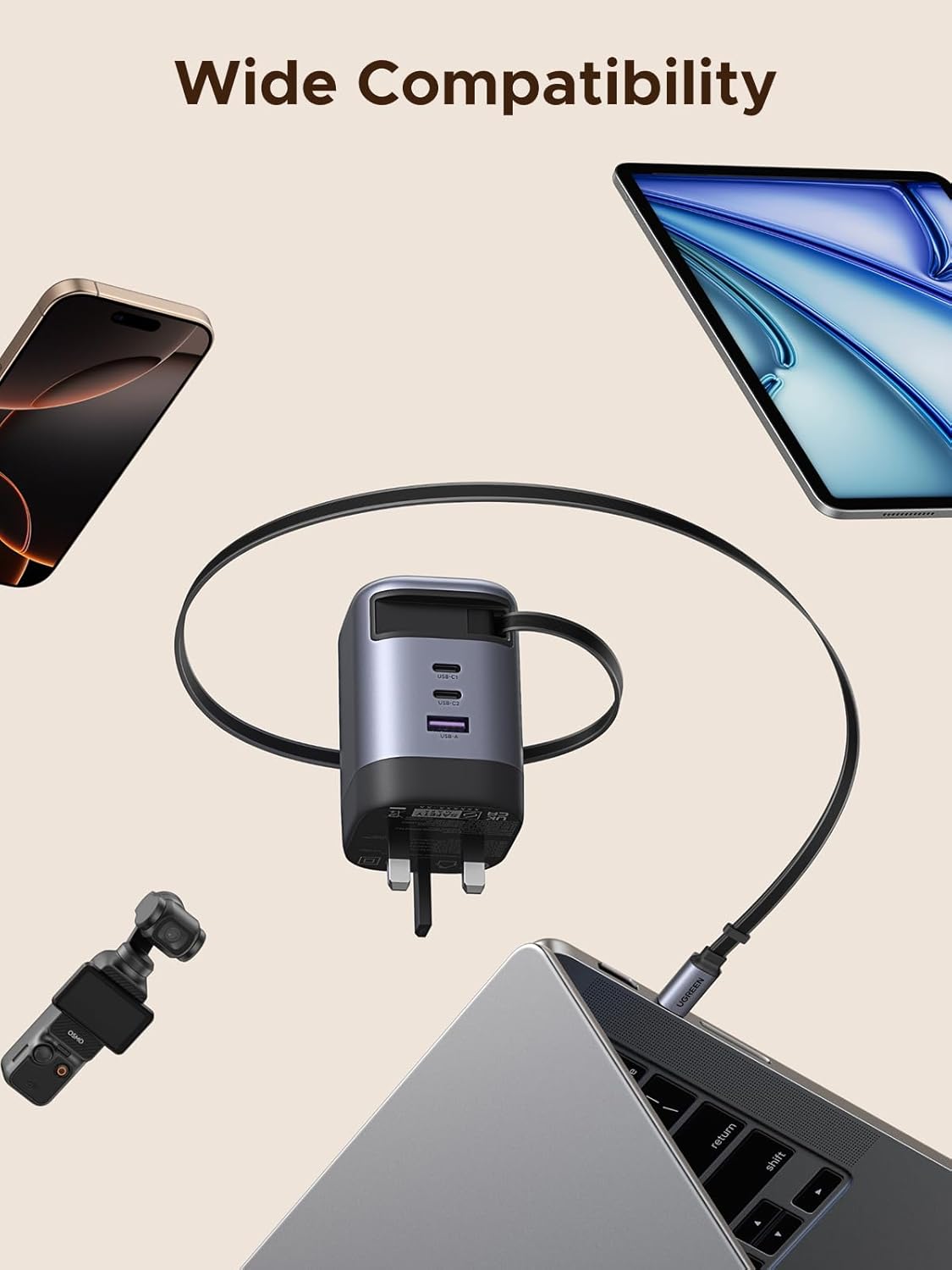 UGREEN Nexode Pro 100W GaN Charger with Retractable USB-C Cable (2C1A)