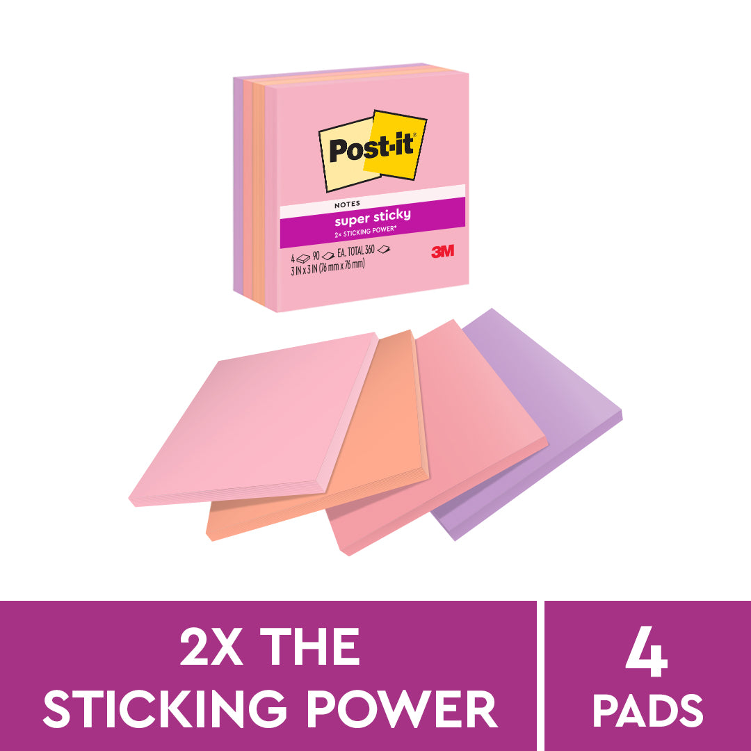 Post-it® 654-4ssfla Flamingo Notes, 3x3", 90sheets, 4pads/pack