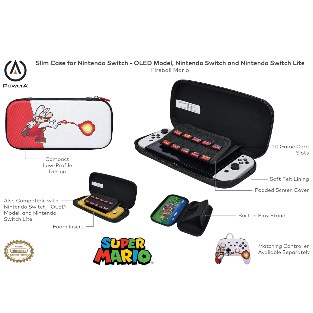 PowerA Slim Case for Nintendo Switch - OLED Model, Nintendo Switch or Nintendo Switch Lite - Fireball Mario (Officially Licensed)