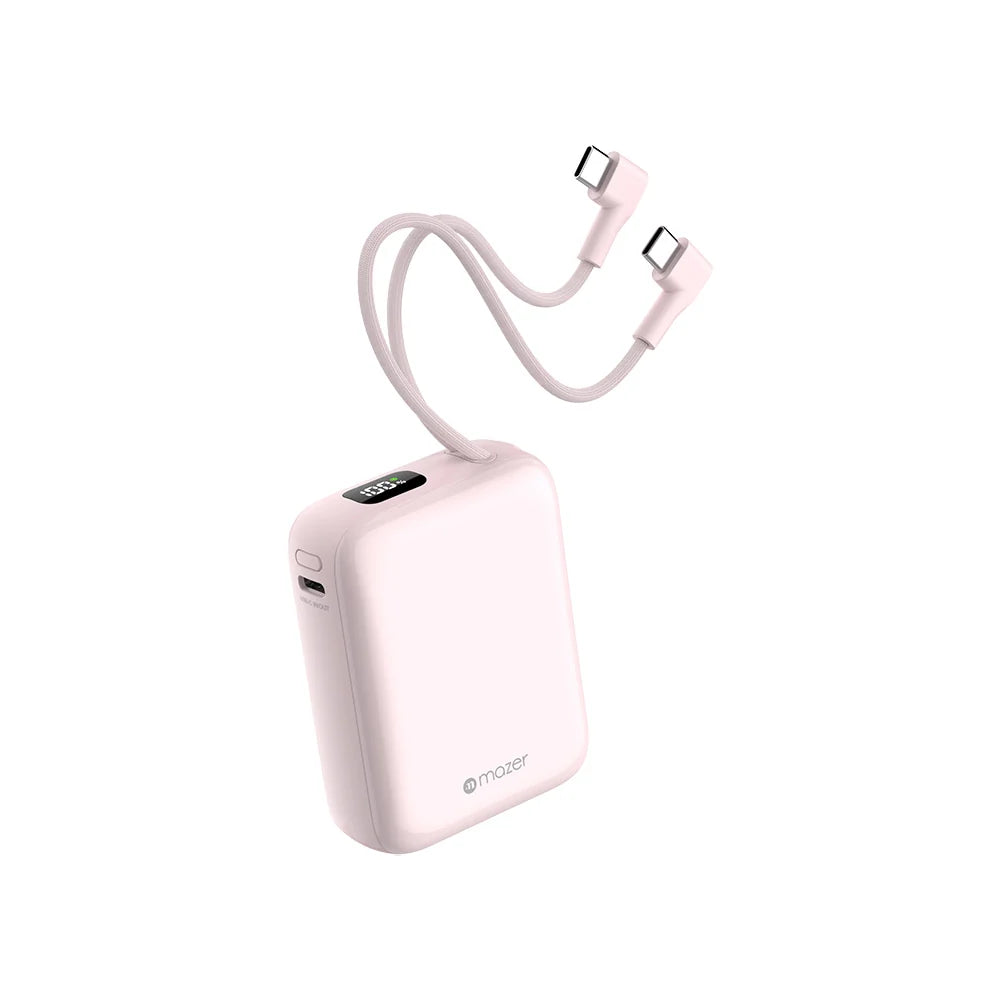 Mazer PowerCharge Nano Duo 10,000mAh PD35W Power Bank with Built-in Dual USB-C Cables (CCC + QR) - Pink