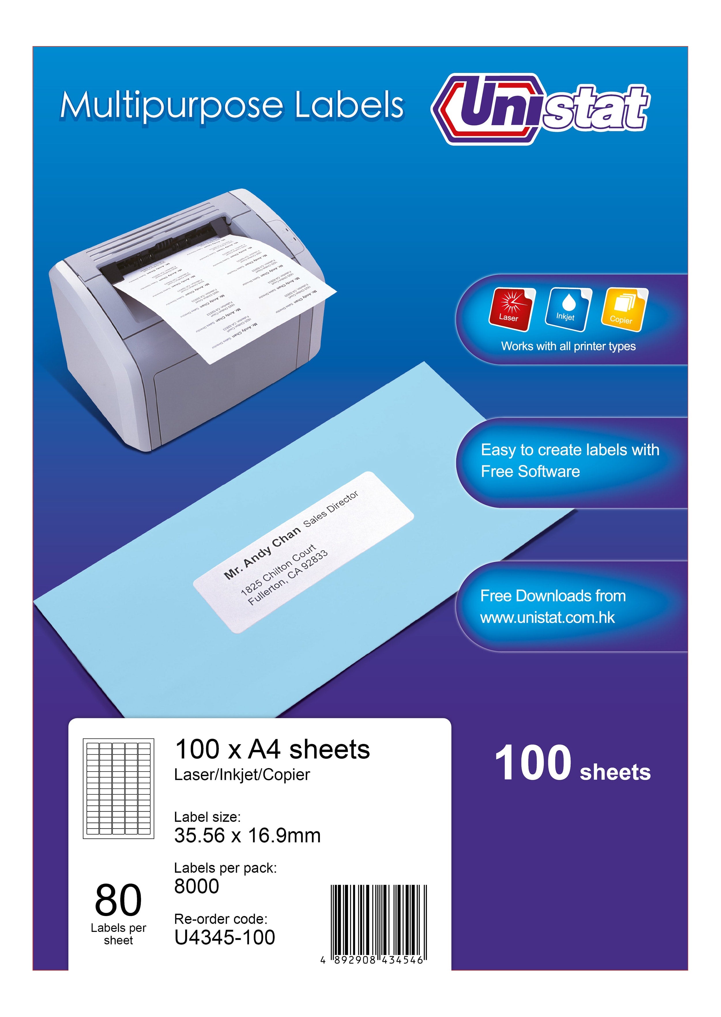 UNISTAT ILC LABEL A4 80/SHT U4345-100