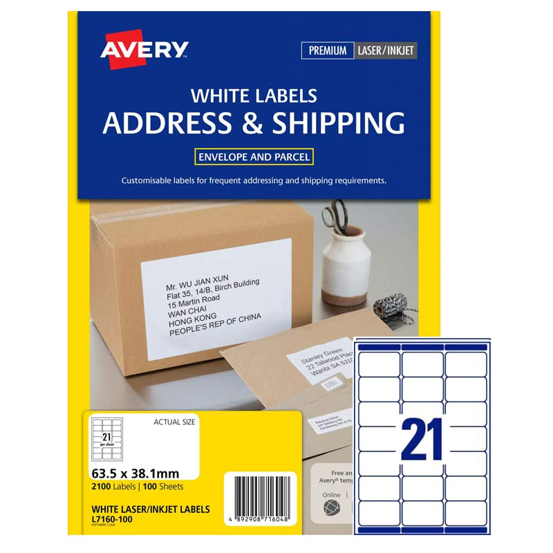Avery Laser White Labels (63.5 x 38.1mm) L7160 -100