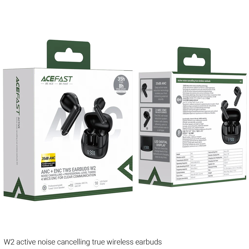 Acefast W2 Active Noise Cancelling True Wireless Eearbuds - Black