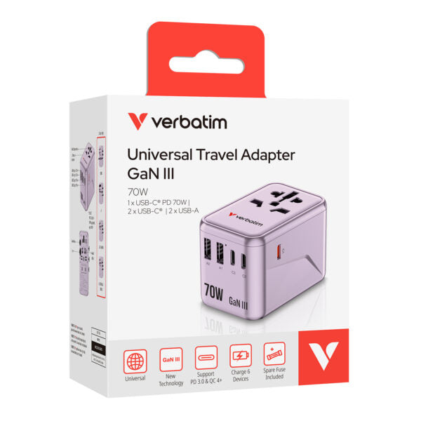 Verbatim GaN III 5-Port 70W Universal Travel Adapter (UTA-09) - Purple