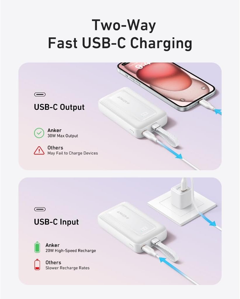 Anker A1688H11-BK 10000mAh PD30W Built-In USB-C Cable Powerbank - White