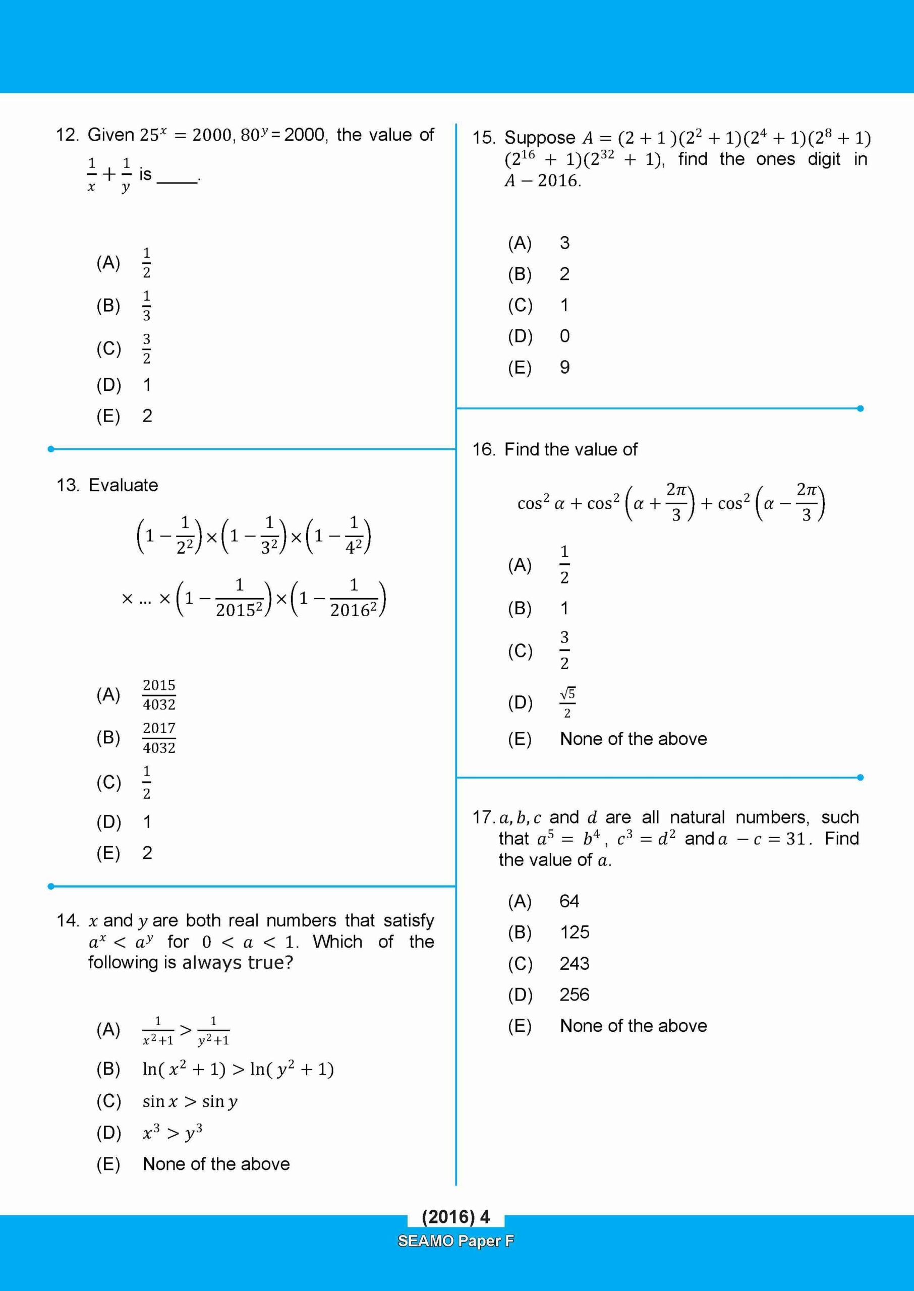 SEAMO Math Olympiad International Competition Preparation Paper F (SEAMO 2016-2025 + SEAMO X 2019-2026) Pre-University 1 & 2