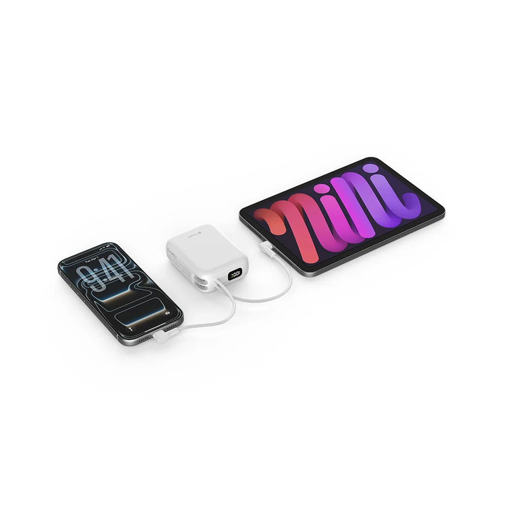 Mazer PowerCharge Nano Duo 10,000mAh PD35W Power Bank with Built-in Dual USB-C Cables (CCC + QR) - White