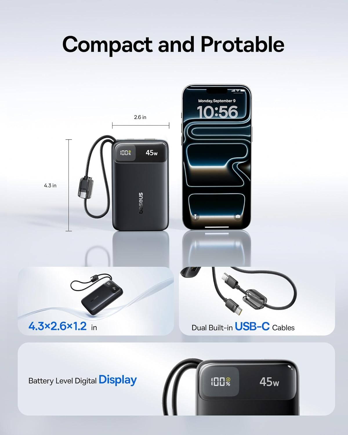 Baseus EnerFill FC31 20K 45W Power Bank with Built-in USB-C Cables - Black