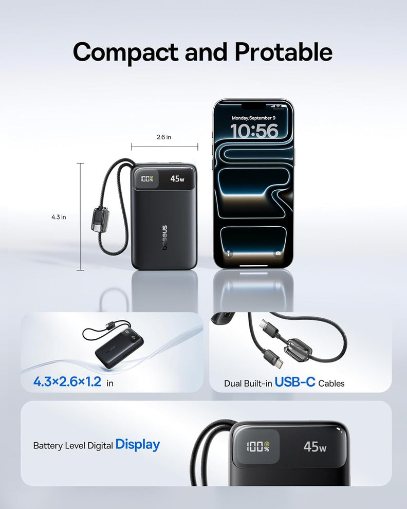 Baseus EnerFill FC31 20K 45W Power Bank with Built-in USB-C Cables - Black
