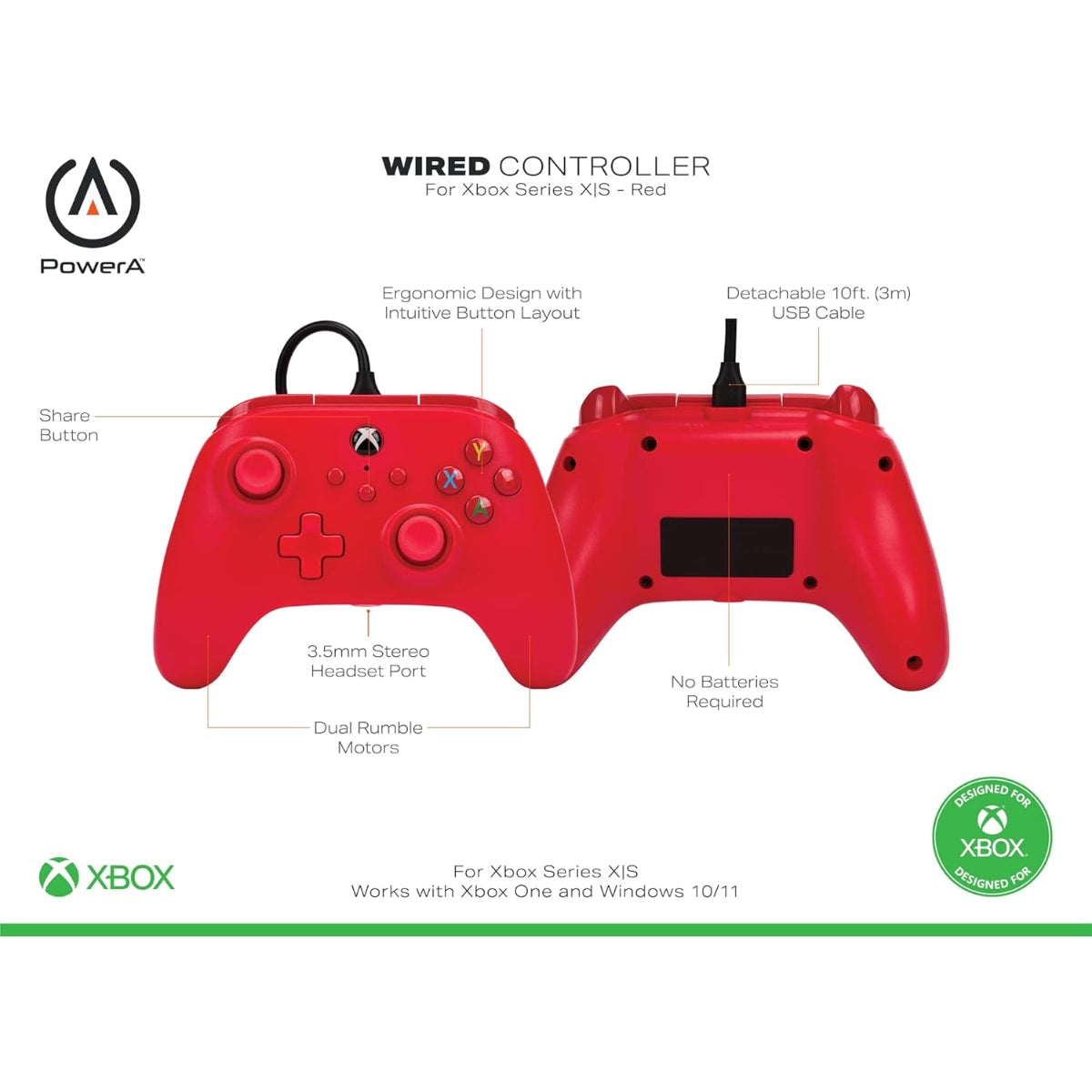 PowerA Wired Controller for Xbox Series X/S - Red (Officially Licensed)