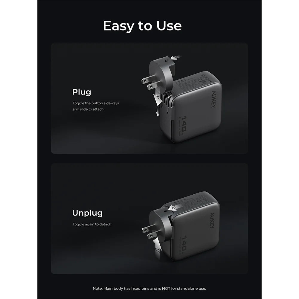 Aukey PA-B10U Nova PinS 140W GaN Wall Charger with Interchangeable Plugs (Grey)