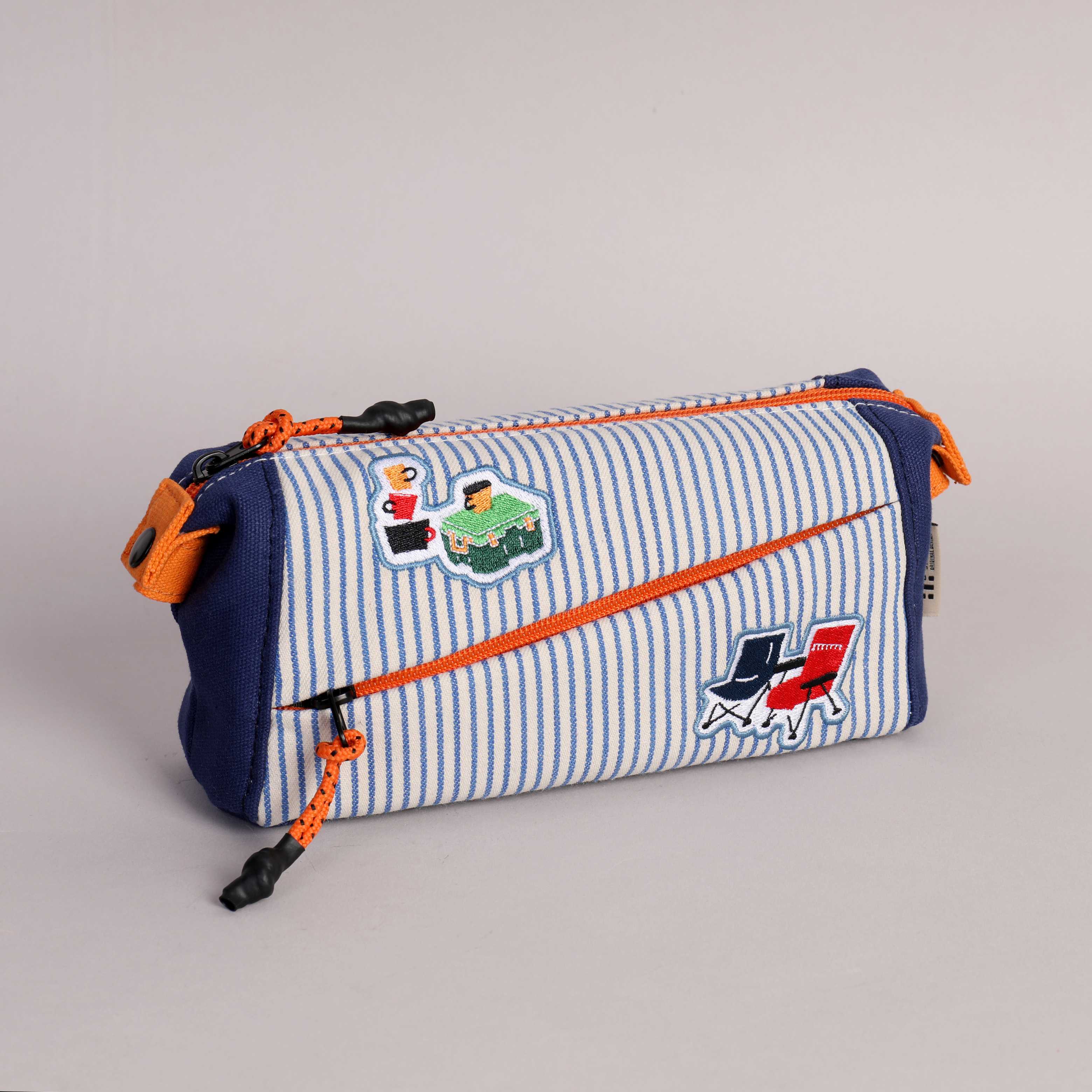 Double Zip Pencil Bag with Embroidery Patch -  Blue Strip