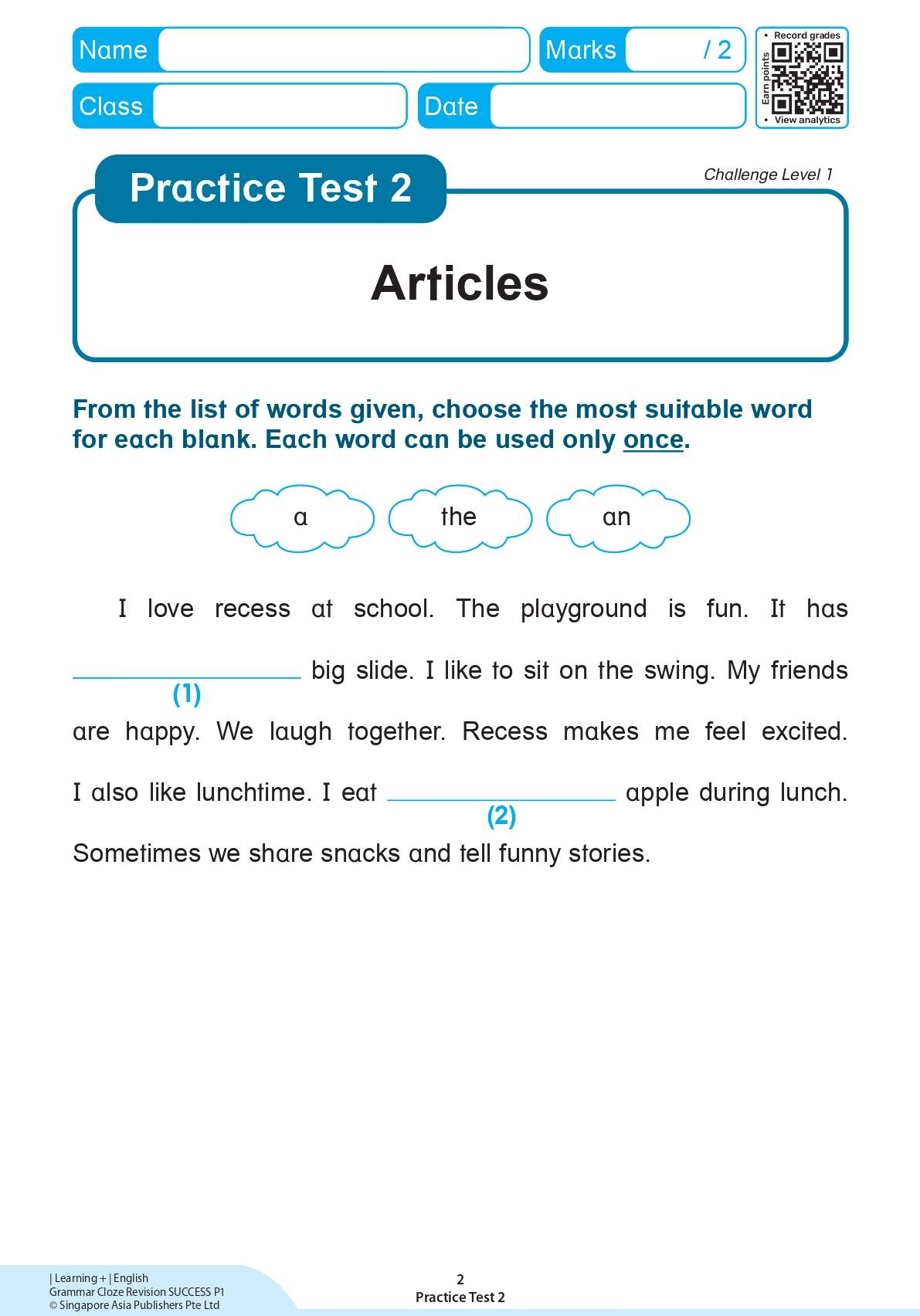 LEARNING+ ENGLISH GRAMMAR CLOZE Revision Success Primary 1