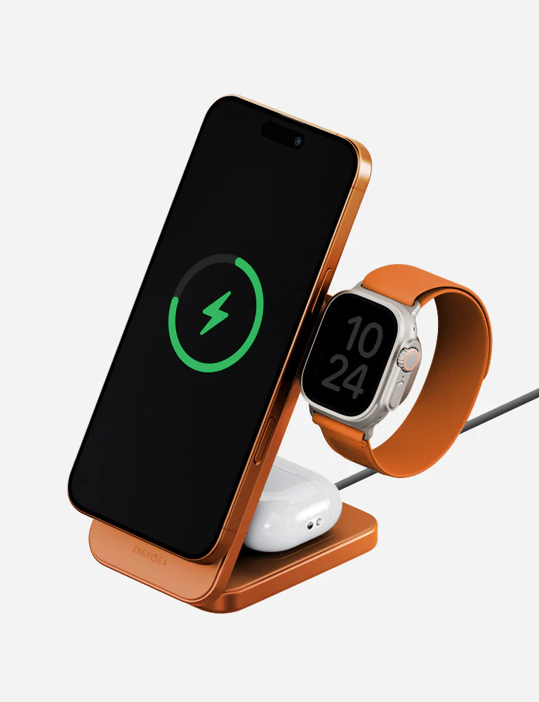 Energea MagTrio 2 Qi2 25W certified 3-In-1 Wireless Charging Stand - Orange